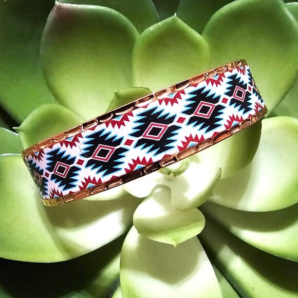 Cuff Bracelet, Copper Turquoise Black Burgundy White Southwestern Aztec Pattern - Picture 2 of 8